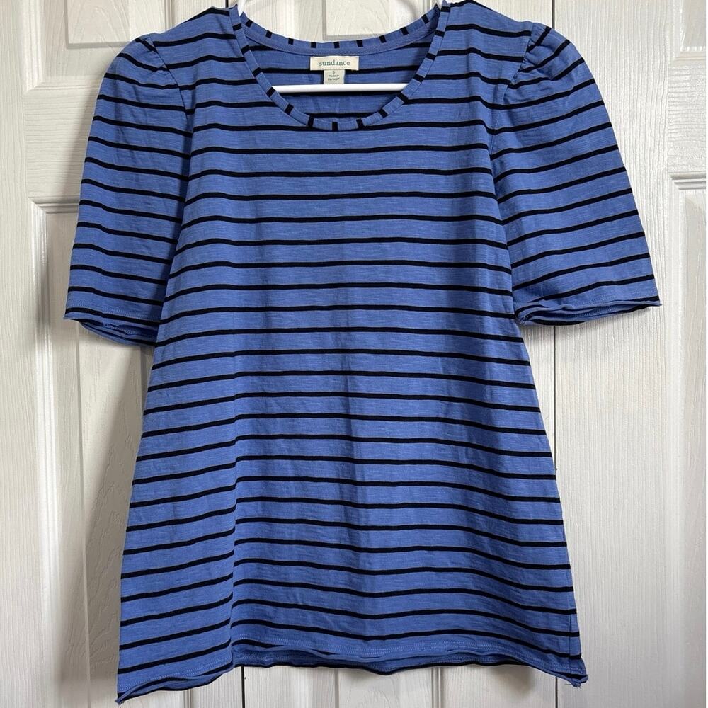 Sundance Cotton Blue Striped Puff Sleeve Top Small
